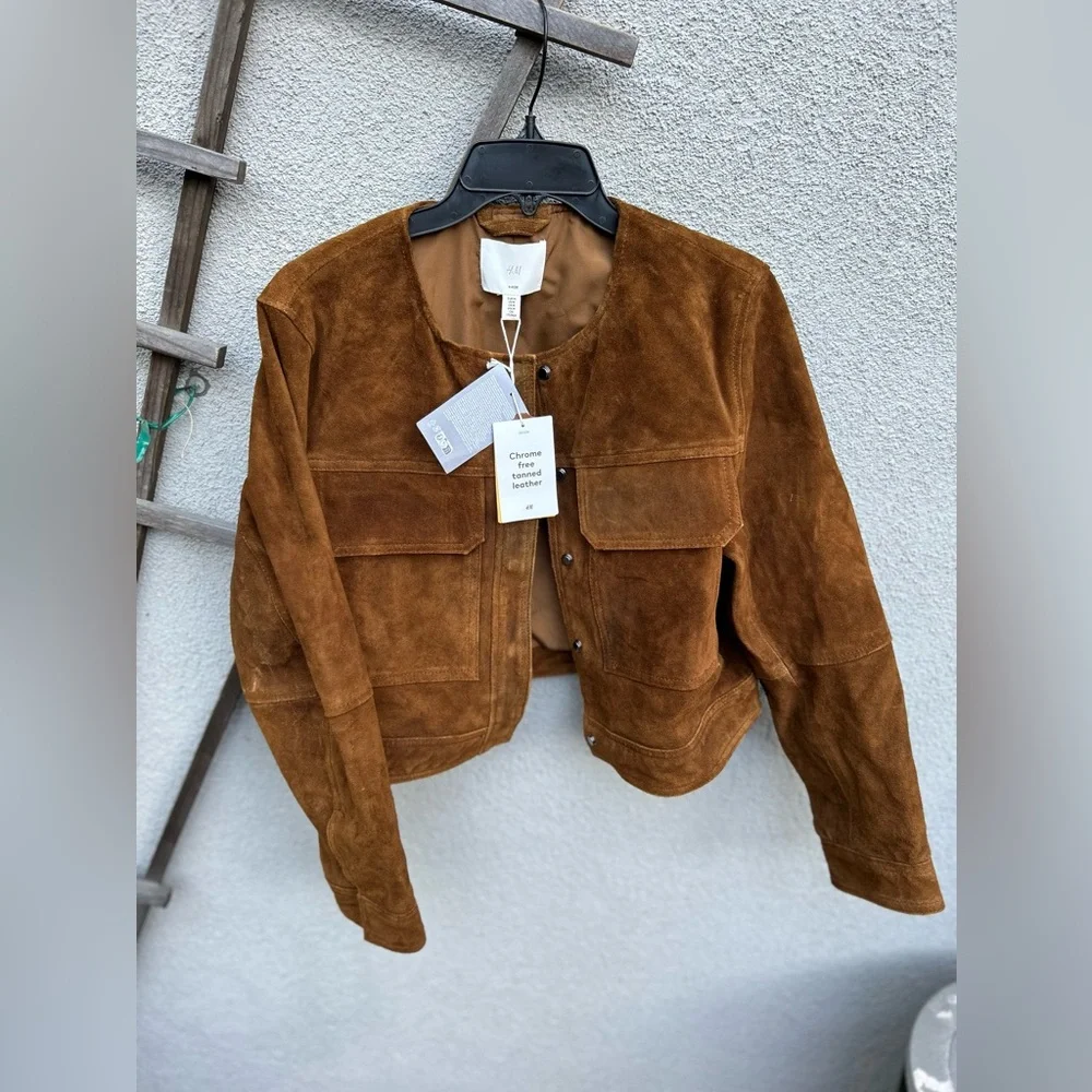 NWT! H&M Brown Suede Leather Jacket - Picture 9 of 16